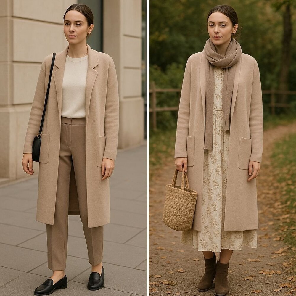 Women’s Beige Knit Long Cardigan S – Quiet Luxury Layering Cottagecore Neutral